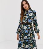 Boohoo Open Back Lace Insert Midi Dress In Black Floral - Multi