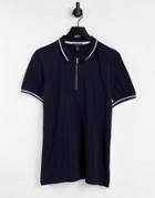 New Look Zip Neck Blocked Polo In Navy