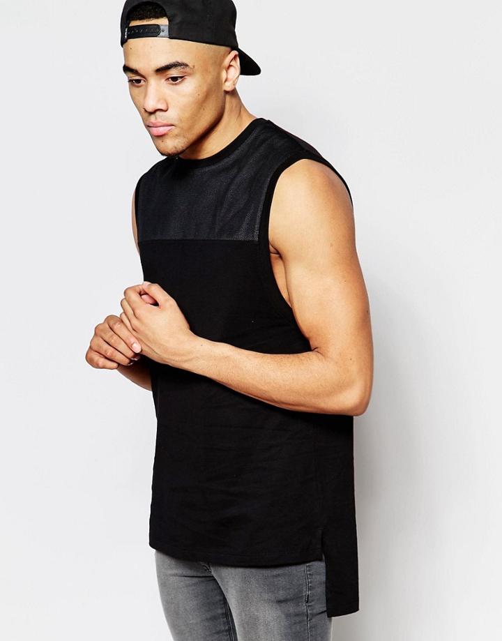 Asos Longline Sleeveless T-shirt With Mesh Yoke And Hem Extender - Black