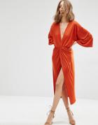 First & I V Neck Midi Dress - Rust
