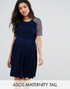 Asos Maternity Tall Pleat And Lace Mini Dress - Navy