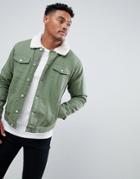 Boohooman Denim Jacket With Fleece Collar In Khaki - Green