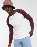 Asos Design Long Sleeve Raglan T-shirt In White With Contrast Burgundy Sleeves-multi