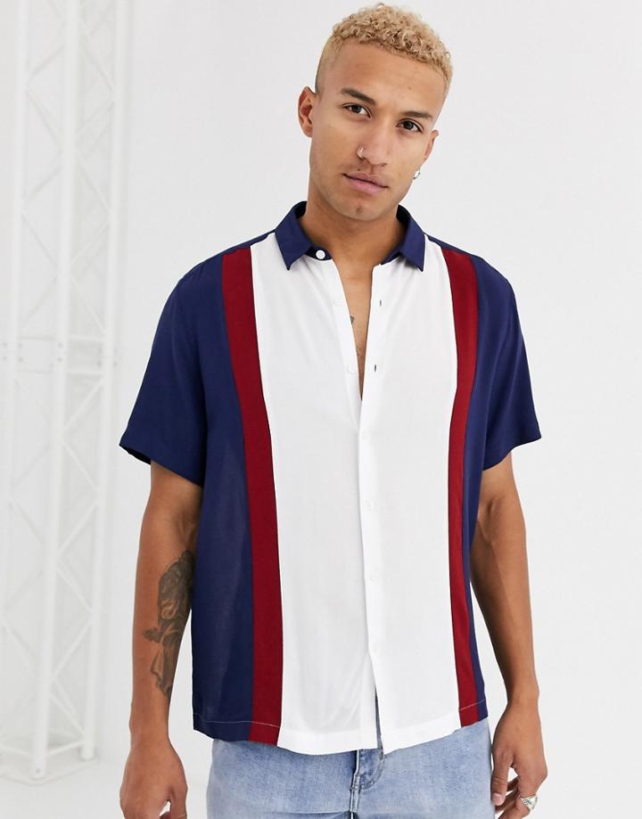 Asos Design Regular Fit Cut & Sew Shirt In Navy & Burgundy - Multi