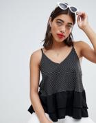 Lost Ink Cami Top With Contrast Hem In Polka Dot - Black