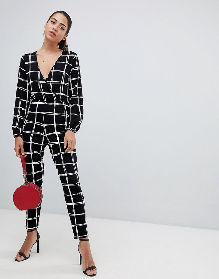 Asos Design Wrap Jumpsuit In Grid Check - Black