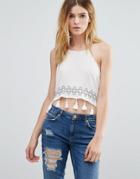 Native Youth Embroidered Tassel Hem Halter Top - White