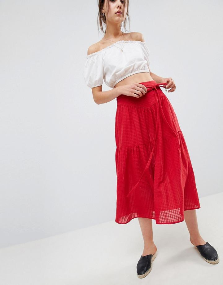 Asos Midi Skirt With Tie Belt In Grid Texture - Red