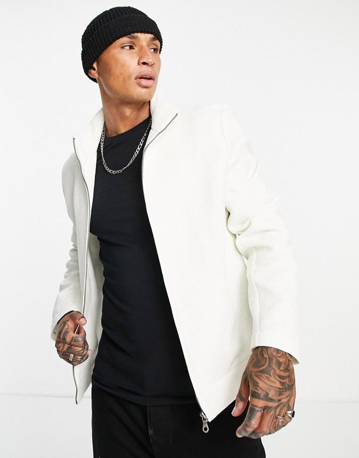 Asos Design Smart Track Jacket In Cream Jacquard - Part Of A Set-white