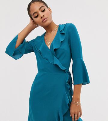 Outrageous Fortune Tall Ruffle Wrap Dress With Fluted Sleeve In Pale Blue - Multi