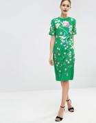 Asos Bird & Floral Embroidered Shift Dress - Green