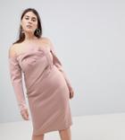 Asos Curve Long Sleeve Bandeau Origami Front Midi Dress - Pink