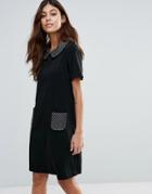 Traffic People Shift Dress With Contrast Collar & Pocket Detail - Black