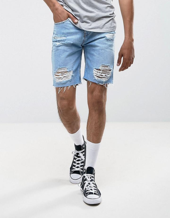Pull & Bear Distressed Denim Shorts In Light Wash - Blue