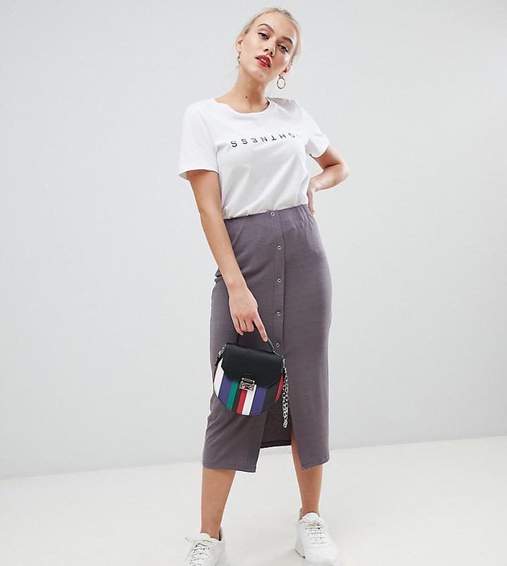 Asos Design Petite Rib Popper Midi Skirt - Gray