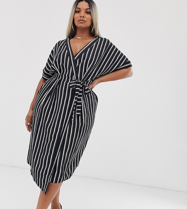Asos Design Curve Wrap Midi Dress In Stripe Print