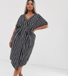 Asos Design Curve Wrap Midi Dress In Stripe Print