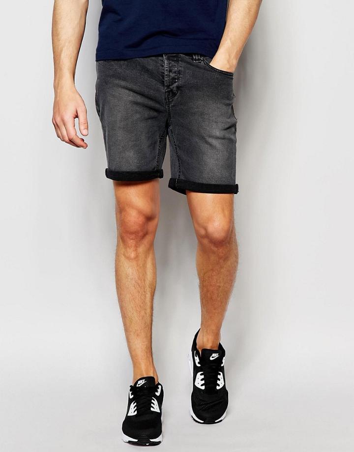 Only & Sons Denim Shorts In Slim Fit With Turn Up - Washed Gray