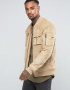 Black Kaviar Suedette Bomber With Quilting Detail - Tan