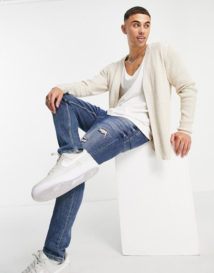 Asos Design Lightweight Cable Knit Cardigan In Oatmeal-neutral