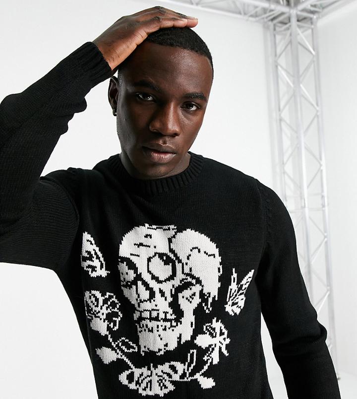 Bolongaro Trevor Tall Moth Skull Knit Crew Neck Sweater-black