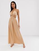 Asos Design Beach Maxi Dress With Cut Out Waist & Braid Strapping In Neutral-brown