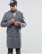 Asos Wool Mix Double Breasted Overcoat In Light Gray Marl - Light Gray