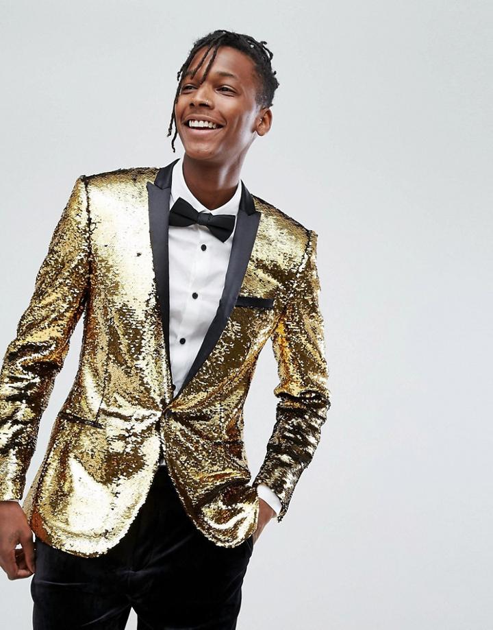 Asos Super Skinny Blazer In Gold Reversible Sequins - Gold