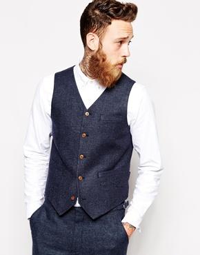Asos Slim Fit Vest In Herringbone - Navy