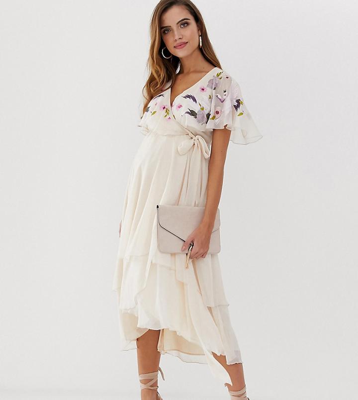 Asos Design Maternity Midi Dress With Cape Back And Dipped Hem In Embroidery-pink