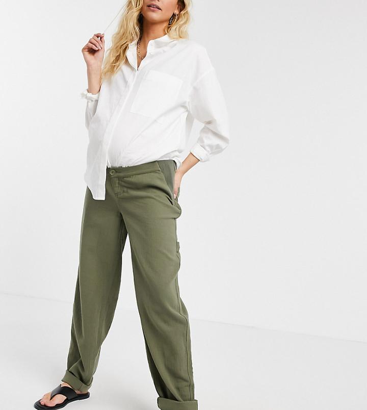 Asos Design Maternity Slouchy Chino Trouser In Khaki Cheesecloth With Side Bump Band-green
