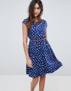 Yumi Belted Skater Dress In Mini Swallow Print - Blue