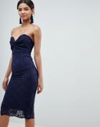 Asos Design Bandeau Twist Front Midi Dress With Lace Skirt-navy