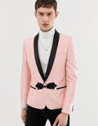 Asos Design Skinny Cropped Blazer In Pink Silk Look With Shawl Lapel - Pink