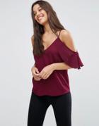 Asos Cold Shoulder Cami Top With Flutter Sleeve - Red