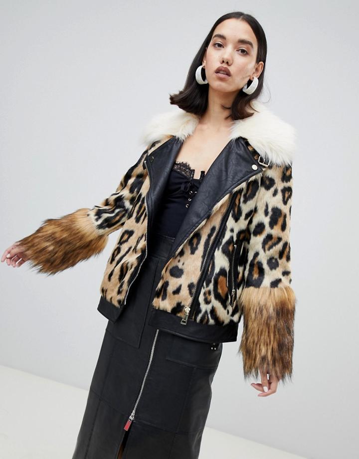 River Island Studio Faux Fur Aviator Jacket In Animal Print-beige