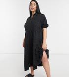 Asos Design Curve Broderie Midi Tiered Shirt Dress With Short Sleeves In Black