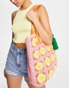 River Island Floral Crochet Shopper Bag In Coral-orange