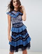 Needle & Thread Tiered Lace Embroidered Midi Dress In Navy
