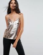 Asos Design Sequin Cami With V Neck - Gold