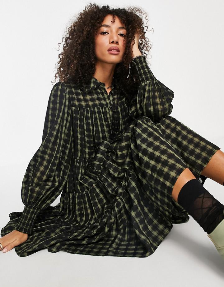 Topshop Tired Chuck On Check Mini Shirtdress In Khaki-green
