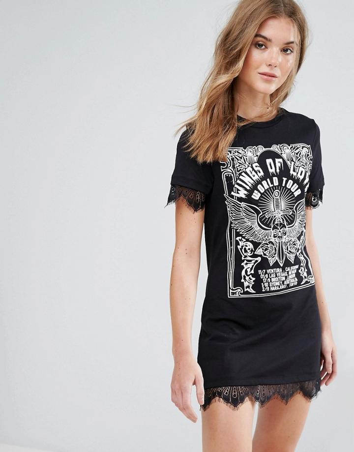 Brave Soul Printed T-shirt Dress With Lace Hem - Black