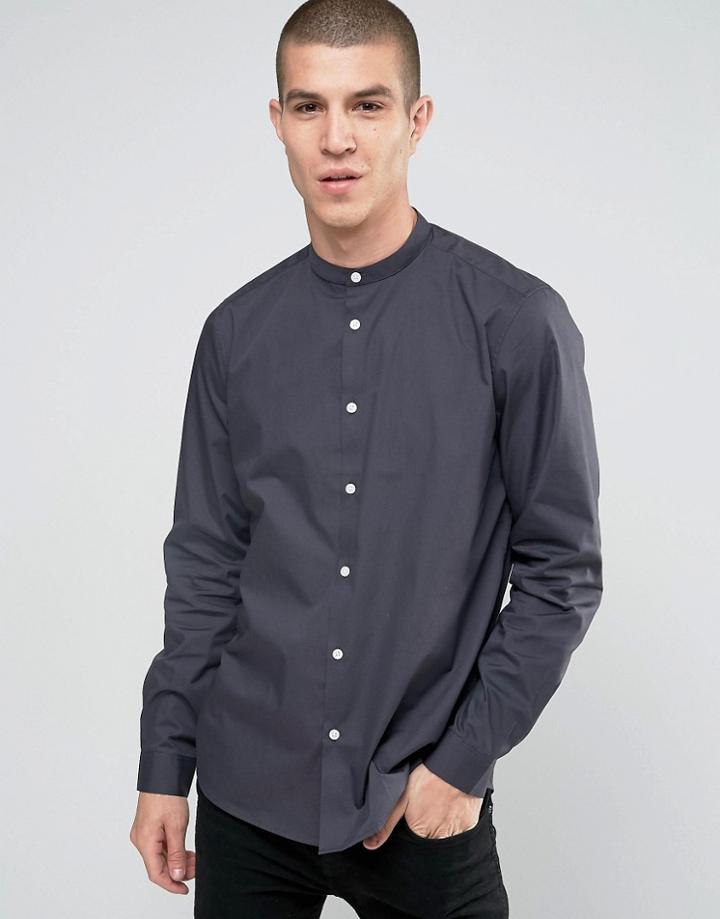 Asos Charcoal Shirt With Grandad Collar In Regular Fit - Gray