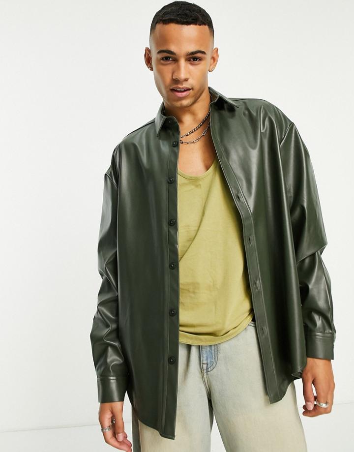 Asos Design Oversized Leather Look Shirt In Olive-green