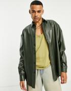 Asos Design Oversized Leather Look Shirt In Olive-green