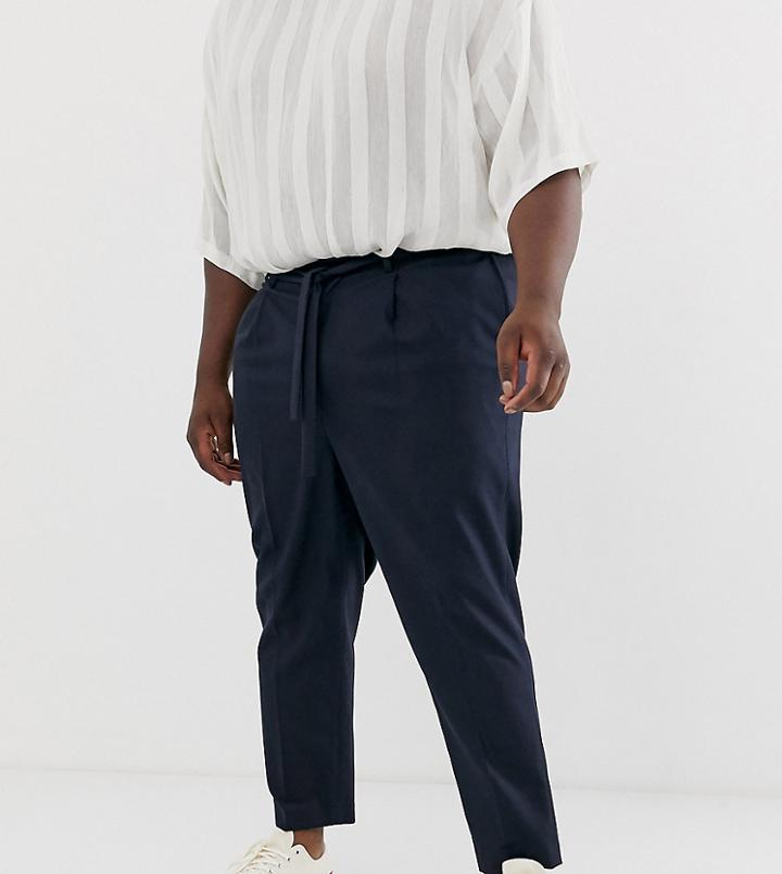 Asos Design Plus Tapered Crop Smart Pants With Tie Waist In Navy