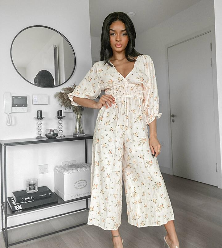 Asos Design Petite Shirred Waist Jumpsuit In Meadow Floral Print-multi