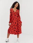 Nobody's Child Midi Wrap Dress In Satin Jaquard Floral - Red