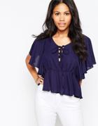Love Lace Up Top With Frill Sleeves - Navy