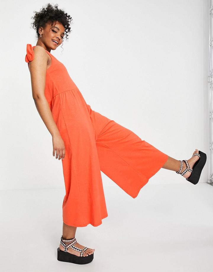 Asos Design Tie Shoulder Smock Jumpsuit In Pop Orange